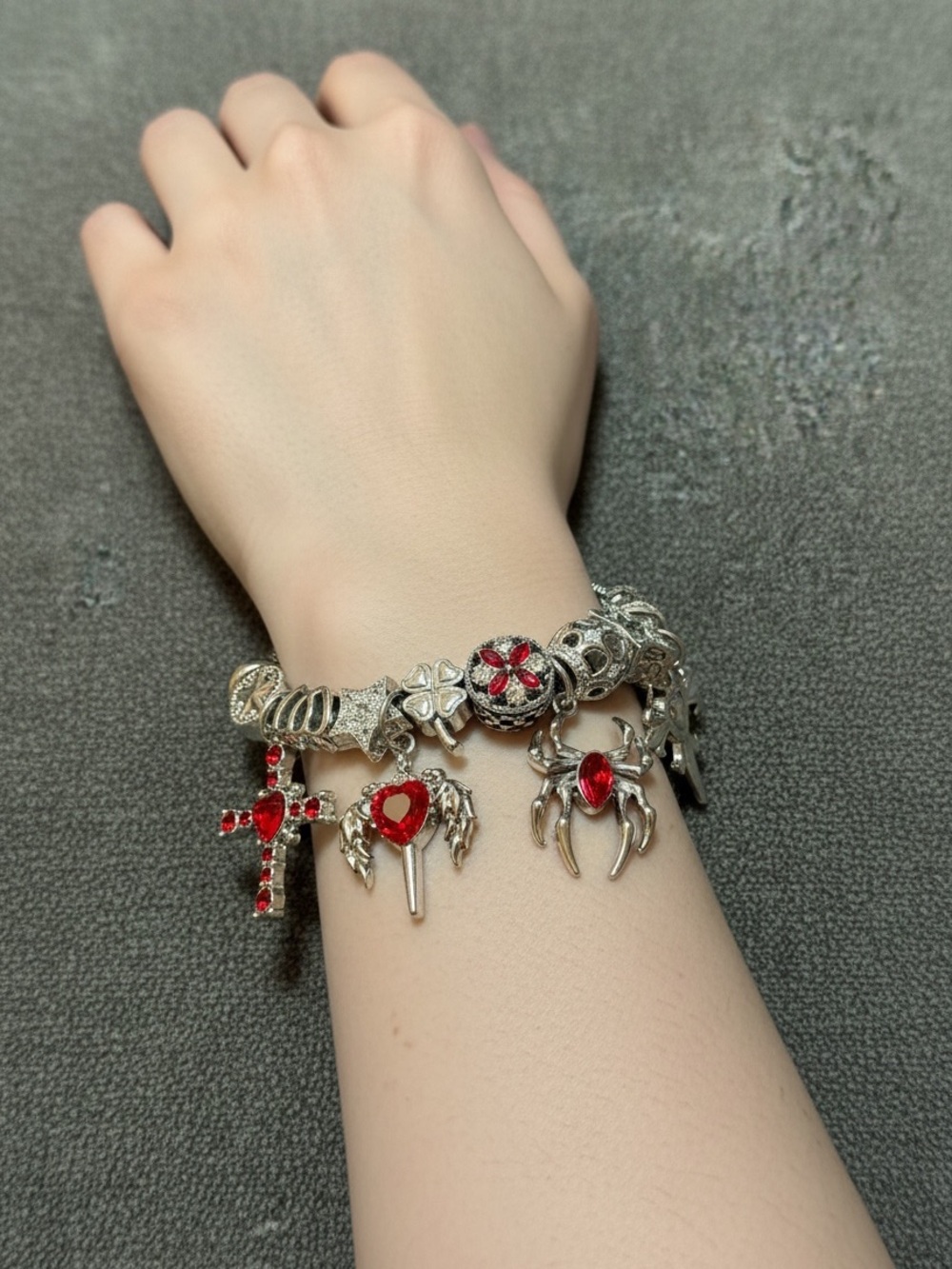 Silver Charm Bracelet with Red Crystal Accents